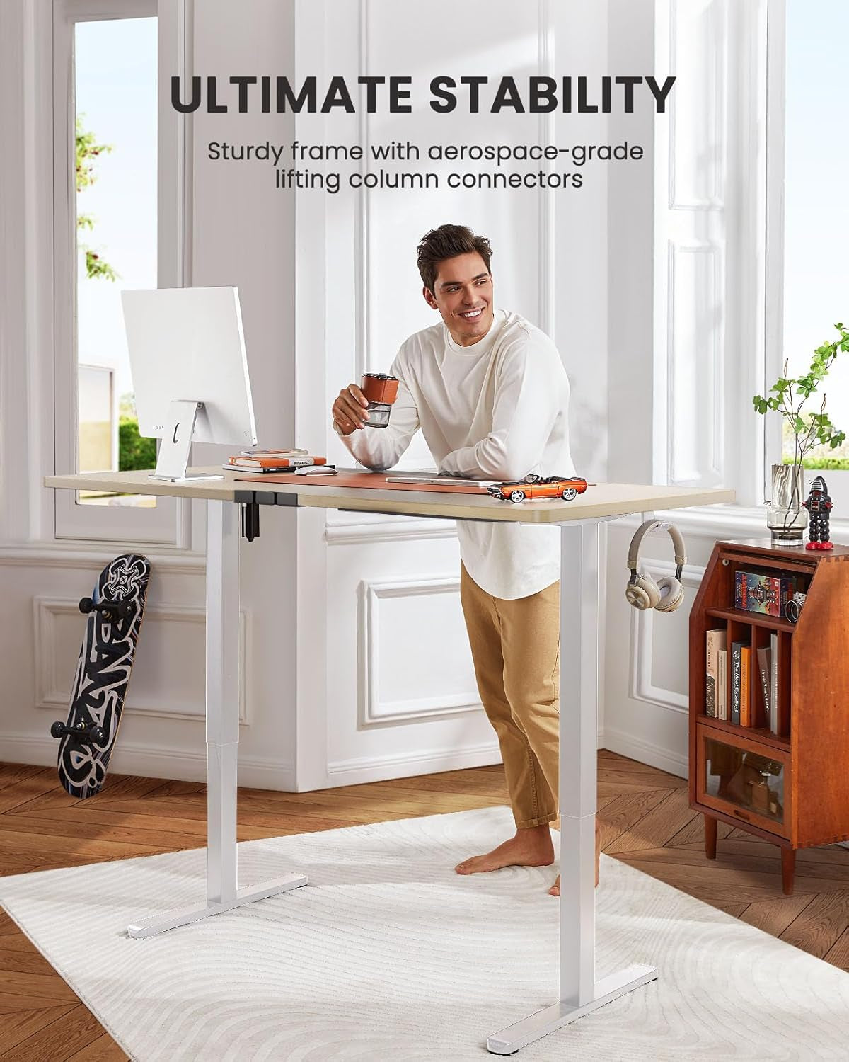 Electric Standing Desk with Drawer, 48 X 24 Electric Stand up Desk, Ergonomic Adjustable Table with Storage, Computer Workstation with Cable Management, Headphone/Bag Hooks, Home Office, Maple