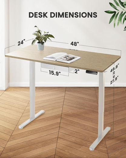 Electric Standing Desk with Drawer, 48 X 24 Electric Stand up Desk, Ergonomic Adjustable Table with Storage, Computer Workstation with Cable Management, Headphone/Bag Hooks, Home Office, Maple