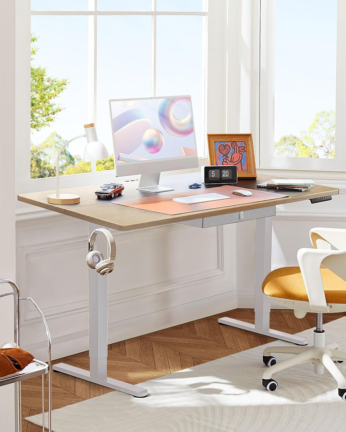 Electric Standing Desk with Drawer, 48 X 24 Electric Stand up Desk, Ergonomic Adjustable Table with Storage, Computer Workstation with Cable Management, Headphone/Bag Hooks, Home Office, Maple