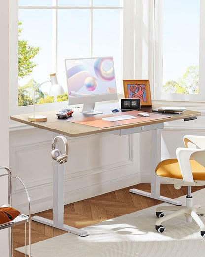 Electric Standing Desk with Drawer, 48 X 24 Electric Stand up Desk, Ergonomic Adjustable Table with Storage, Computer Workstation with Cable Management, Headphone/Bag Hooks, Home Office, Maple