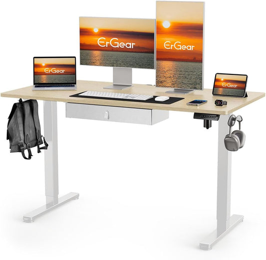 Electric Standing Desk with Drawer, 48 X 24 Electric Stand up Desk, Ergonomic Adjustable Table with Storage, Computer Workstation with Cable Management, Headphone/Bag Hooks, Home Office, Maple