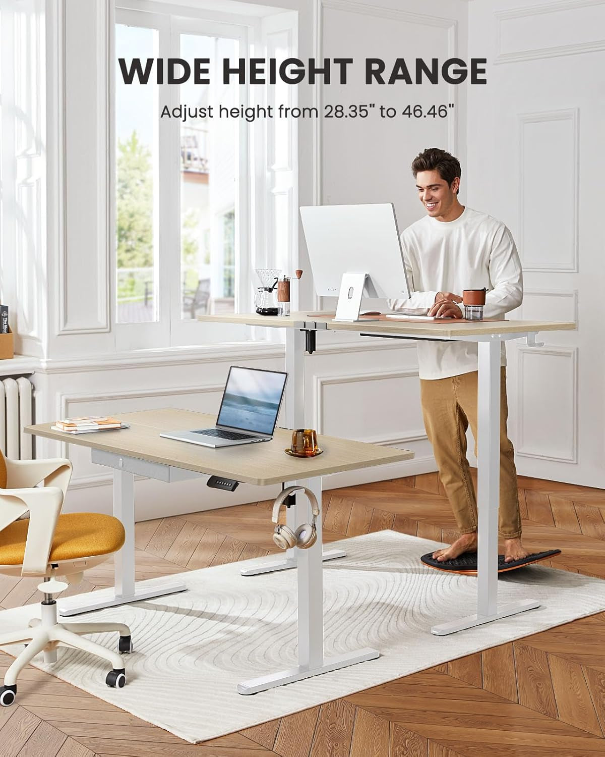 Electric Standing Desk with Drawer, 48 X 24 Electric Stand up Desk, Ergonomic Adjustable Table with Storage, Computer Workstation with Cable Management, Headphone/Bag Hooks, Home Office, Maple
